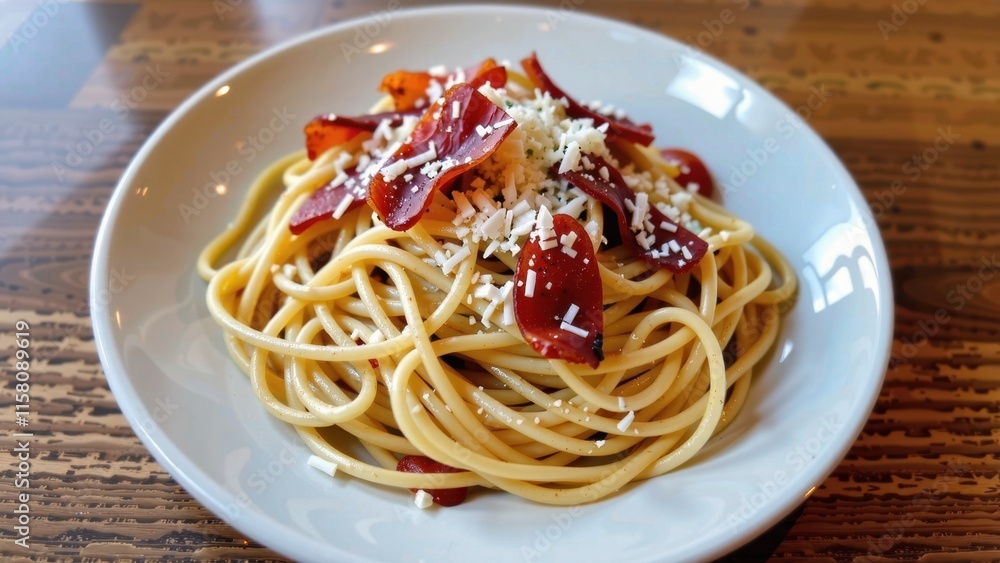A delectable serving of steaming hot spaghetti, topped with shaved parmesan cheese, rests on a rustic wooden table A delectable serving of steaming hot spaghetti, topped with shaved parmesan cheese, rests on a rustic wooden table
