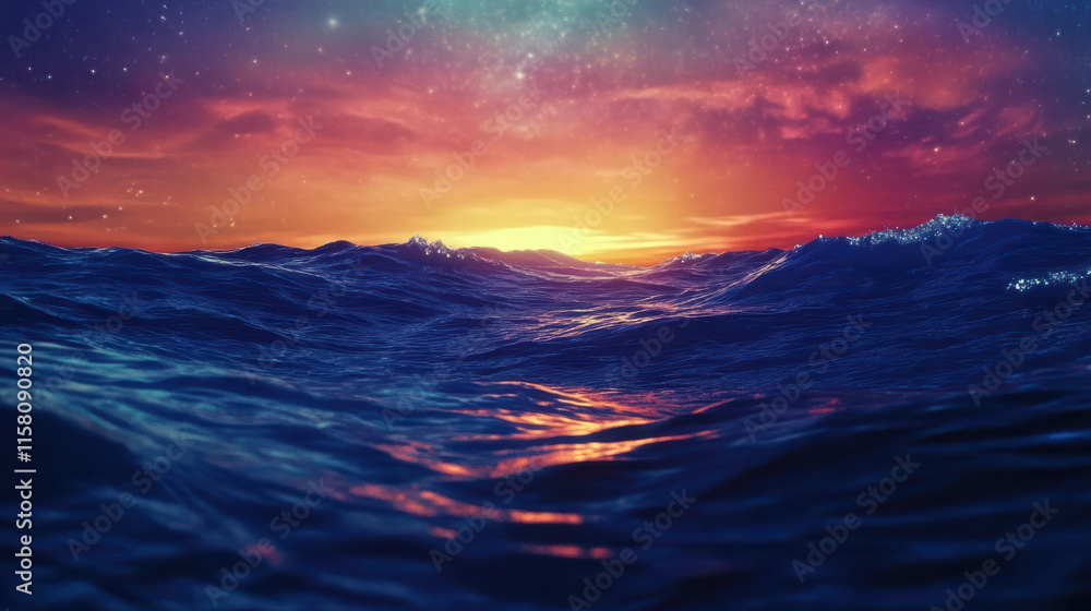 Fototapeta premium stunning view of ocean waves reflecting vibrant colors of cosmic sunset, creating serene and captivating atmosphere. interplay of light and water evokes sense of tranquility and wonder