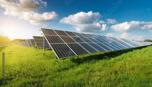 Solar Panels Lining a Green Field Generating Renewable Energy for Communities photo