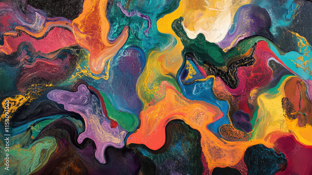 Naklejka premium Vibrant abstract painting with swirling colors and dynamic shapes, evoking sense of movement and energy. rich palette includes blues, reds, yellows, and greens, creating captivating visual