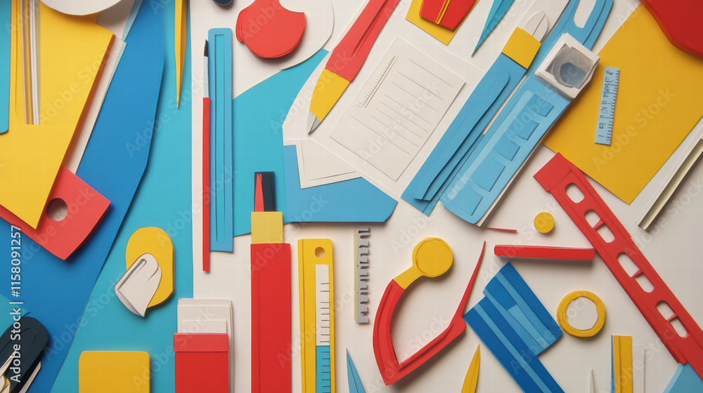 Artful papercut poster featuring variety of colorful school supplies, including pencils, rulers, and paper, arranged creatively flat surface. This vibrant composition evokes sense of creativity Artful papercut poster featuring variety of colorful school supplies, including pencils, rulers, and paper, arranged creatively flat surface. This vibrant composition evokes sense of creativity