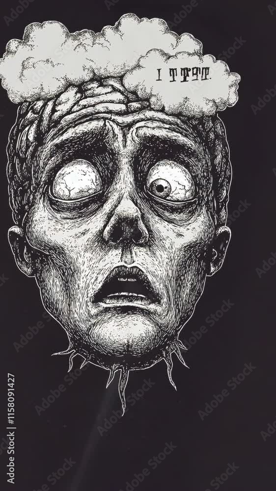 Distorted human face expressing horror with a speech bubble and surreal details Distorted human face expressing horror with a speech bubble and surreal details