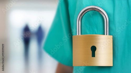 Non disclosure agreement concept. A padlock hangs from a medical professional's scrubs, symbolizing security and confidentiality. photo