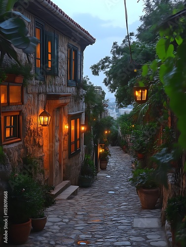 Cozy stone street at dusk, lit by lanterns. photo