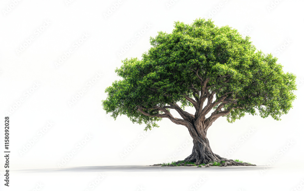 large, lush green tree with thick trunk and sprawling branches stands alone against white background, symbolizing strength and tranquility large, lush green tree with thick trunk and sprawling branches stands alone against white background, symbolizing strength and tranquility