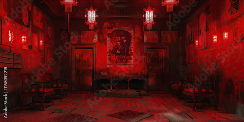 Wallpaper Mural Interior Room with Red Lighting, Wall Paintings, and Dark Wood Furniture Torontodigital.ca