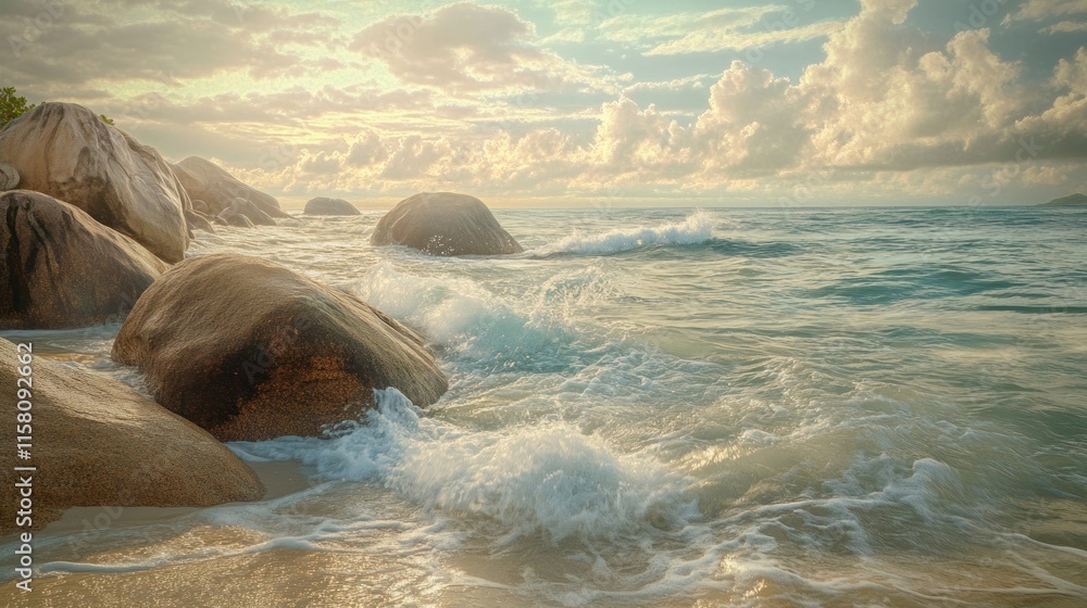 Fototapeta premium Serene sunset beach scene with waves crashing on rocks.