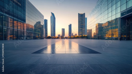 Modern city skyline at sunset reflected in plaza.