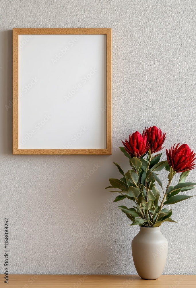 Blank Frame Mockup with Red Flowers in Vase Blank Frame Mockup with Red Flowers in Vase