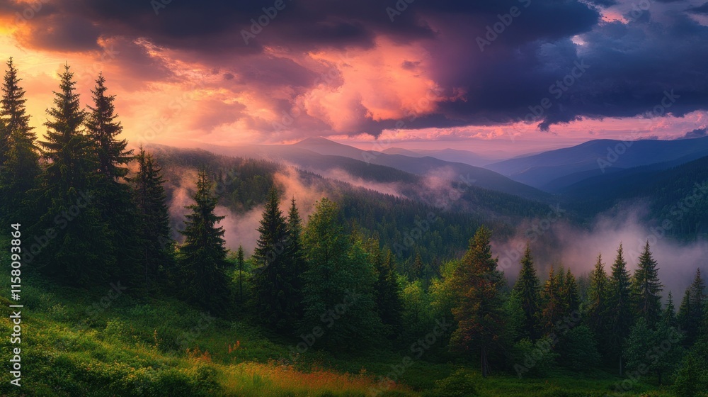 Majestic sunset over misty mountain forest. Majestic sunset over misty mountain forest.