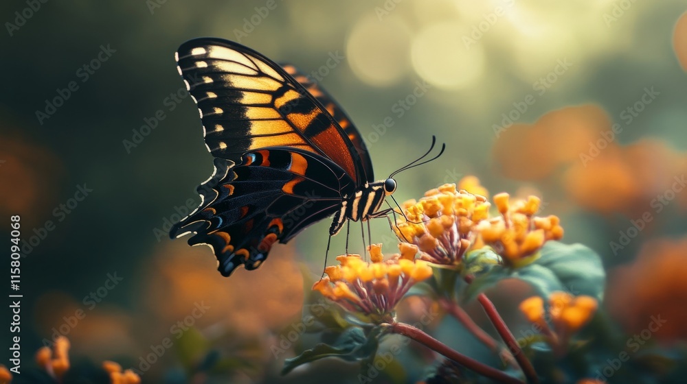 Obraz premium A beautiful butterfly perched on a flower in a garden setting. The butterfly is black, yellow, and orange with a long black antennae. It's a beautiful image of nature.