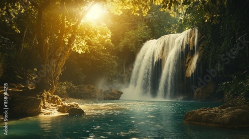 Sunlit waterfall cascading into a tranquil turquoise pool, surrounded by lush green jungle foliage.