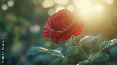 vibrant red rose with rich deep hues blooming in soft sunlight, showcasing its delicate petals and lush green leaves, evokes sense of beauty and tranquility