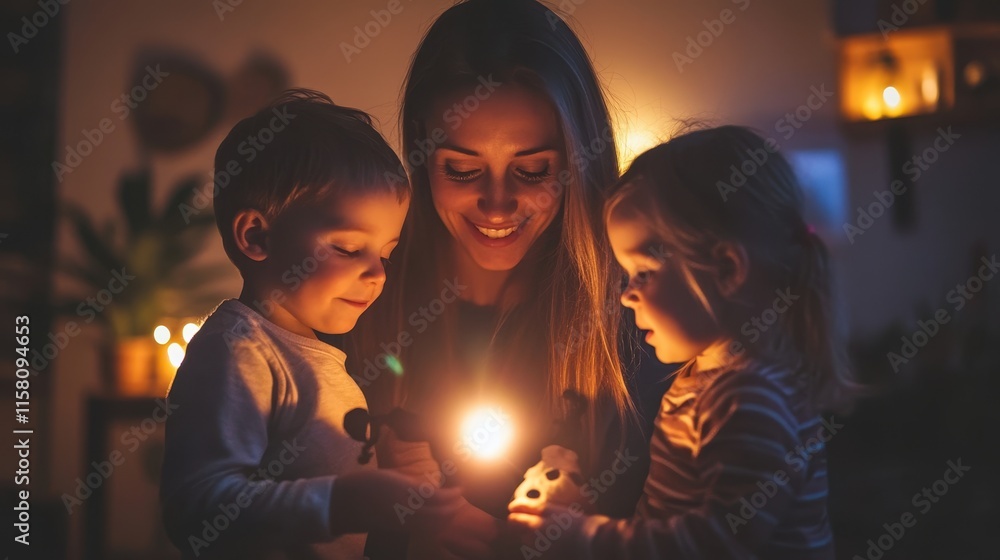 Mother and two young children gathered around a warm light. Perfect for themes of family, love, and bedtime stories. Mother and two young children gathered around a warm light. Perfect for themes of family, love, and bedtime stories.