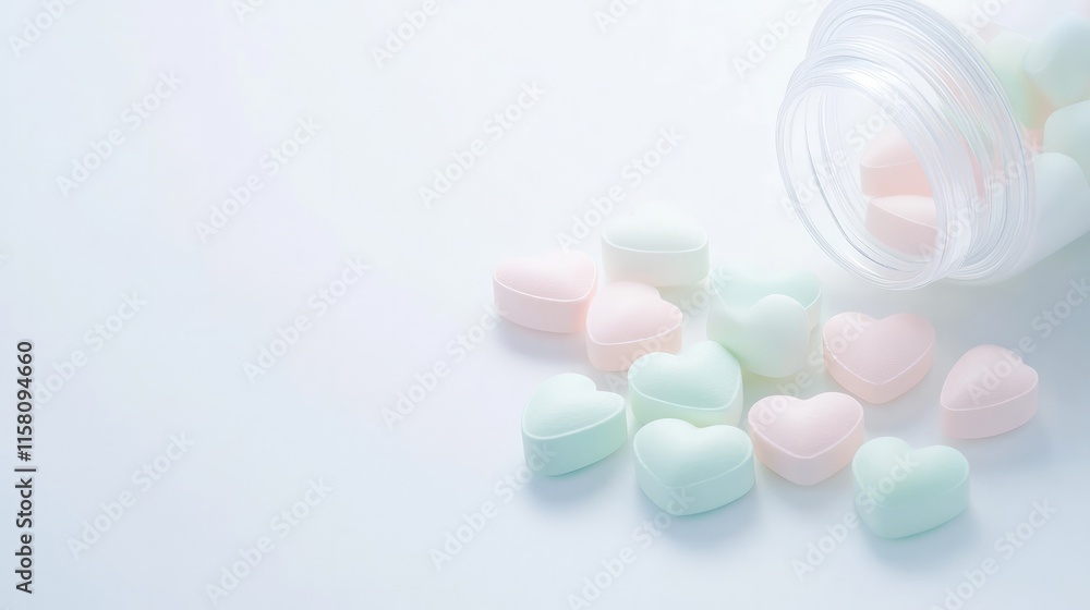 Transparent Pill Bottle with Pastel Heart-Shaped Pills, Symbolizing Placebo Effect and Psychological Comfort. Transparent Pill Bottle with Pastel Heart-Shaped Pills, Symbolizing Placebo Effect and Psychological Comfort.