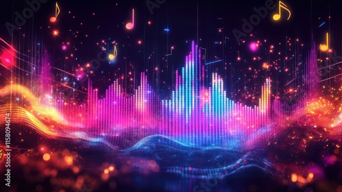 Vibrant neon music equalizer with notes.