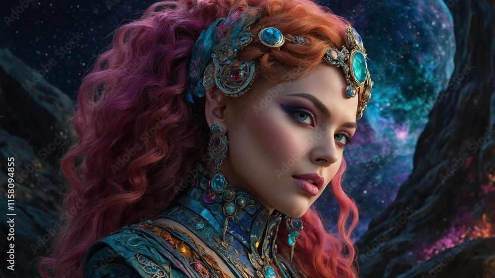 Naklejka premium Timeless Elegance: Supermodel in a Galactic Photoshoot