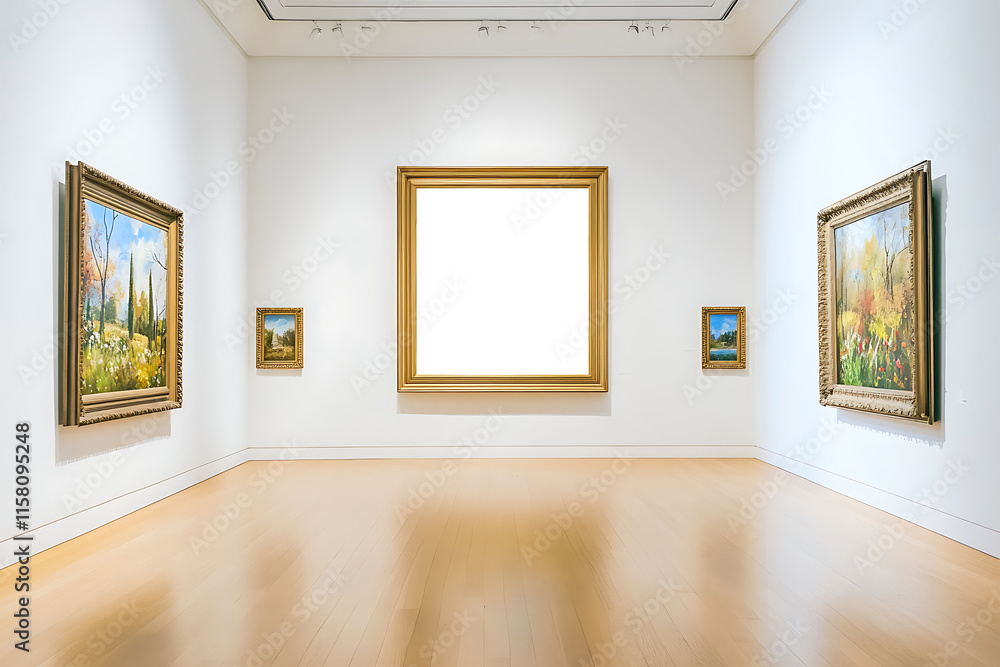 Fototapeta premium Frame mockup with white screen: A modern interior with a framed blank white curtain canvas hanging on white wall in art gallery