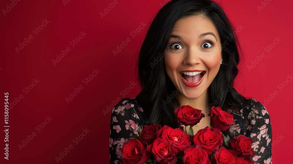 Happy woman holding bouquet of red roses against vibrant red background, expressing joy and excitement. Perfect for celebrating love and special occasions Happy woman holding bouquet of red roses against vibrant red background, expressing joy and excitement. Perfect for celebrating love and special occasions