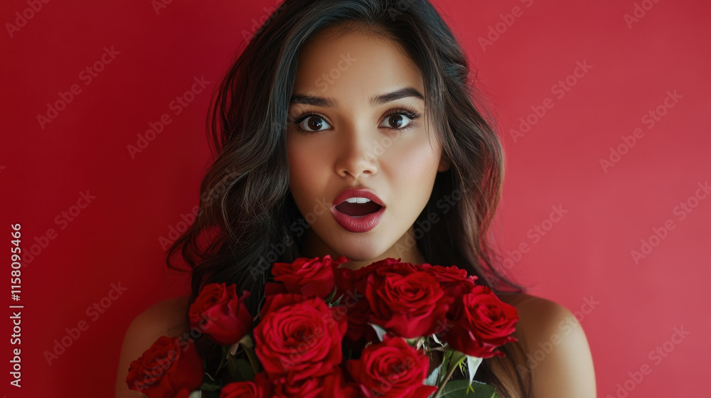 Naklejka premium Surprised woman holding bouquet of red roses against vibrant red background, expressing joy and beauty. Perfect for romantic themes and celebrations