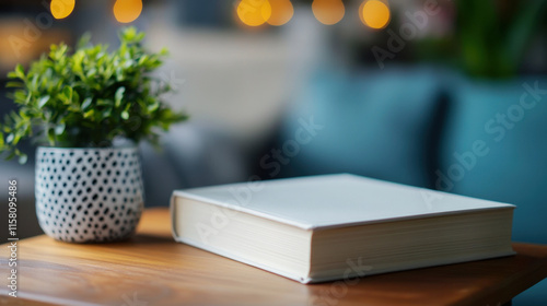 Wallpaper Mural white book rests on wooden table beside small potted plant, creating cozy atmosphere. blurred background features soft lights, enhancing inviting scene Torontodigital.ca