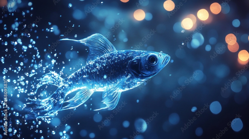Naklejka premium Abstract glowing blue fish swimming in water.