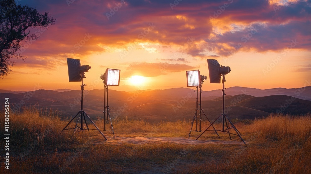 Naklejka premium Sunset photography setup with three lights on tripods in a field.