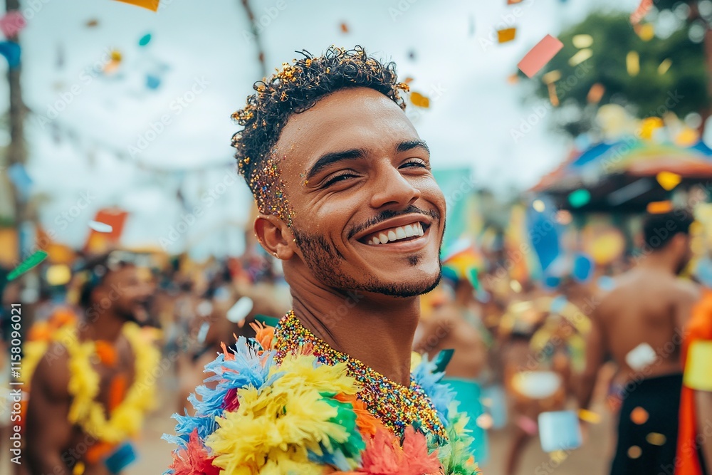A high-quality image capturing a man in a festive abadá enjoying the vibrant atmosphere of a Brazilian street carnival, mid-celebration, surrounded by bright streamers, carnival decorations A high-quality image capturing a man in a festive abadá enjoying the vibrant atmosphere of a Brazilian street carnival, mid-celebration, surrounded by bright streamers, carnival decorations