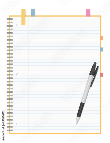 シンプルな罫線のノートと付箋、ボールペンのセット、リングノート