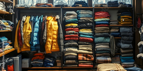 Neatly Stacked Clothing in a Wooden Closet: A Realistic Photograph of Organized Apparel photo