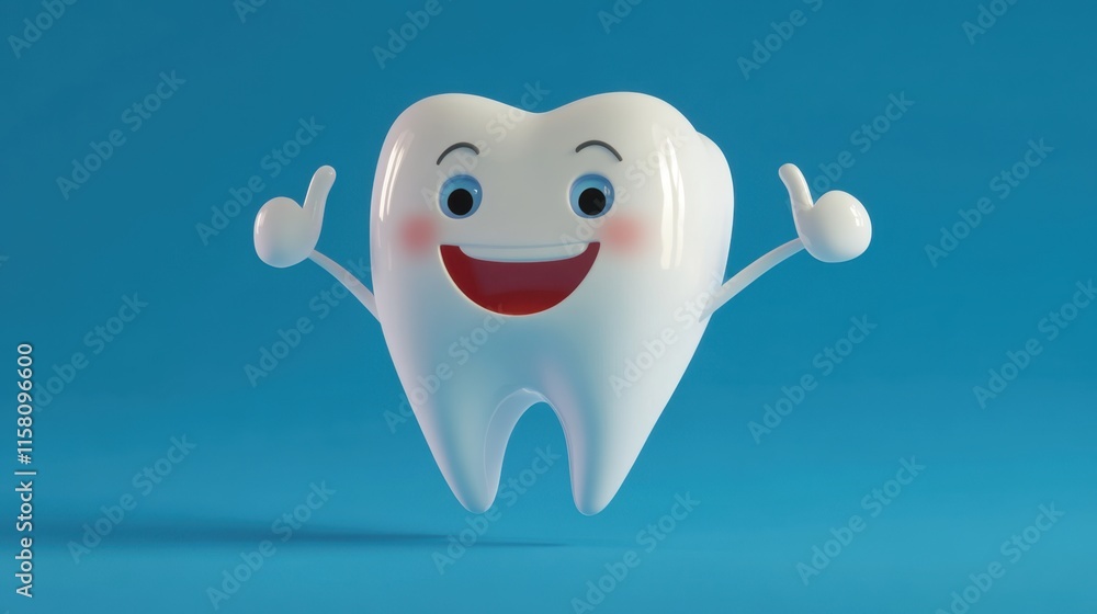 Joyful Cartoon Tooth Character Giving Thumbs Up on Blue Background- Dental Hygiene and Oral Care Joyful Cartoon Tooth Character Giving Thumbs Up on Blue Background- Dental Hygiene and Oral Care