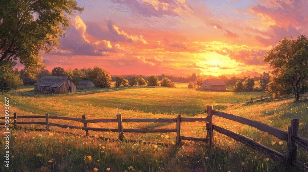 Serene sunset over idyllic farmland; rustic barns, fence, and golden fields. Perfect for illustrating tranquility, rural life, or peaceful countryside settings. Serene sunset over idyllic farmland; rustic barns, fence, and golden fields. Perfect for illustrating tranquility, rural life, or peaceful countryside settings.
