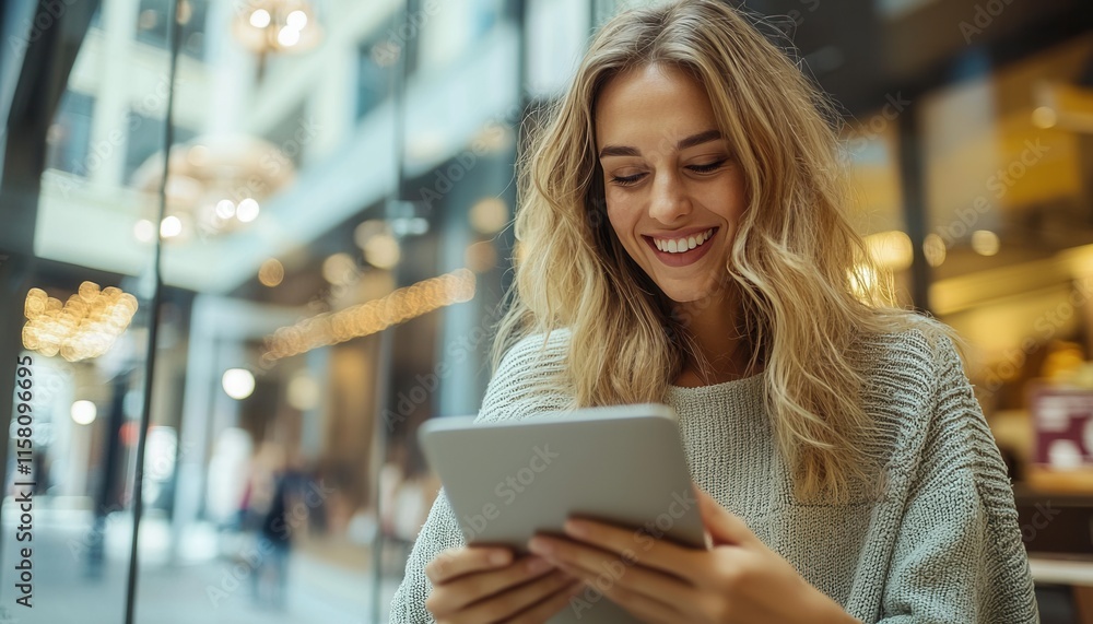 Happy Woman Enjoying Positive Experience While Using Tablet in Modern Cafe Environment Happy Woman Enjoying Positive Experience While Using Tablet in Modern Cafe Environment
