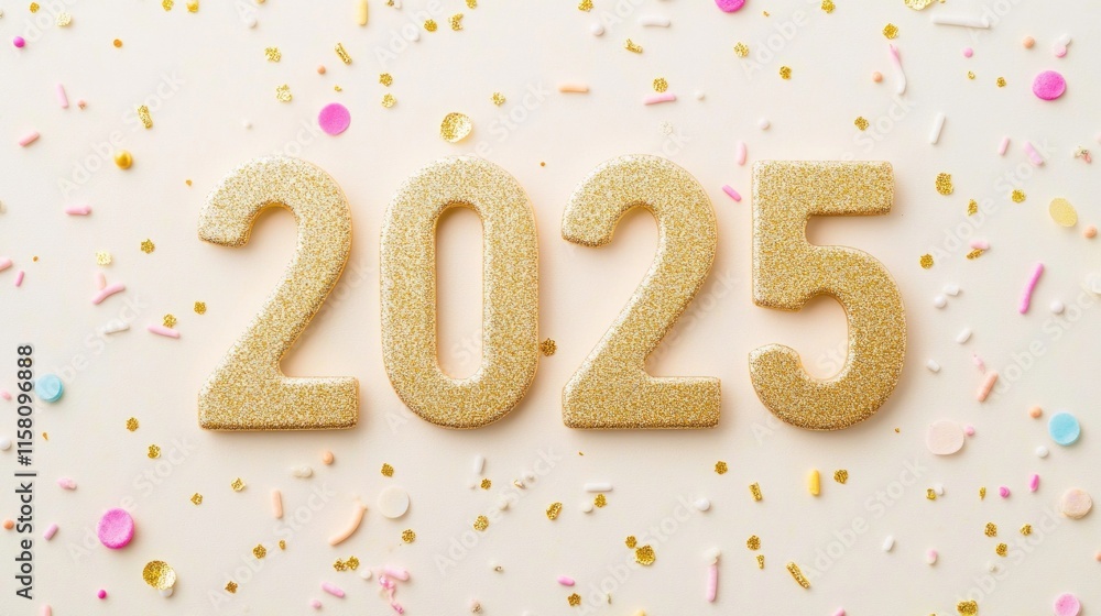 Gold 2025 numerals on pastel background with sprinkles. Gold 2025 numerals on pastel background with sprinkles.