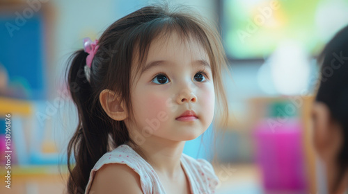 Wallpaper Mural Child with long hair, looking curiously in bright classroom, showcasing innocence and wonder. atmosphere is warm and inviting, perfect for learning Torontodigital.ca
