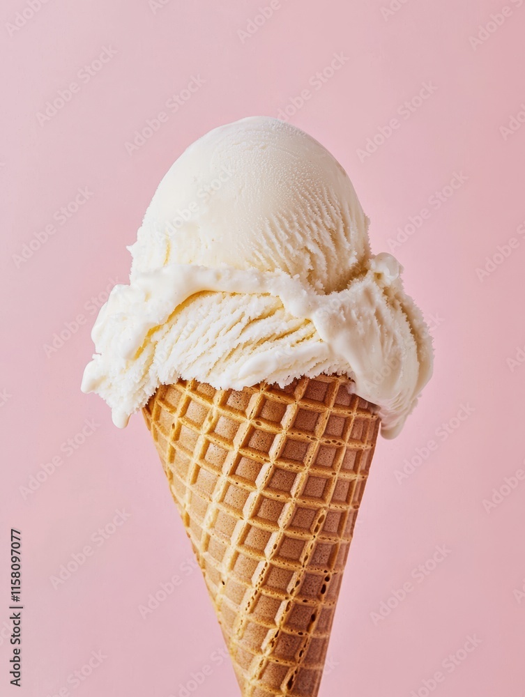 Delicious Close-Up of a Single Scoop of Creamy Vanilla Ice Cream in a Waffle Cone on a Soft Pink Background Delicious Close-Up of a Single Scoop of Creamy Vanilla Ice Cream in a Waffle Cone on a Soft Pink Background