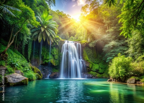 Crisp, high-resolution photo: A tranquil waterfall oasis in a vibrant tropical rainforest.