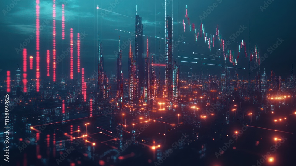 Fototapeta premium Futuristic city skyline with financial data overlay.