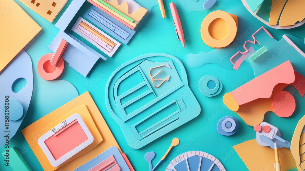 Lively paper cut illustration featuring colorful classroom elements, including books, stationery, and creative tools, set against vibrant turquoise background Lively paper cut illustration featuring colorful classroom elements, including books, stationery, and creative tools, set against vibrant turquoise background