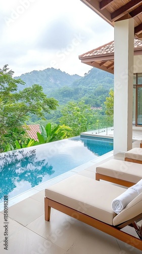 Luxury spa and Wellness themes Serene poolside view with lush greenery. photo