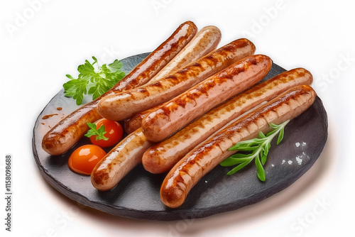 Grilled German Pork Sausages, munich sausage, isolated on white background. photo