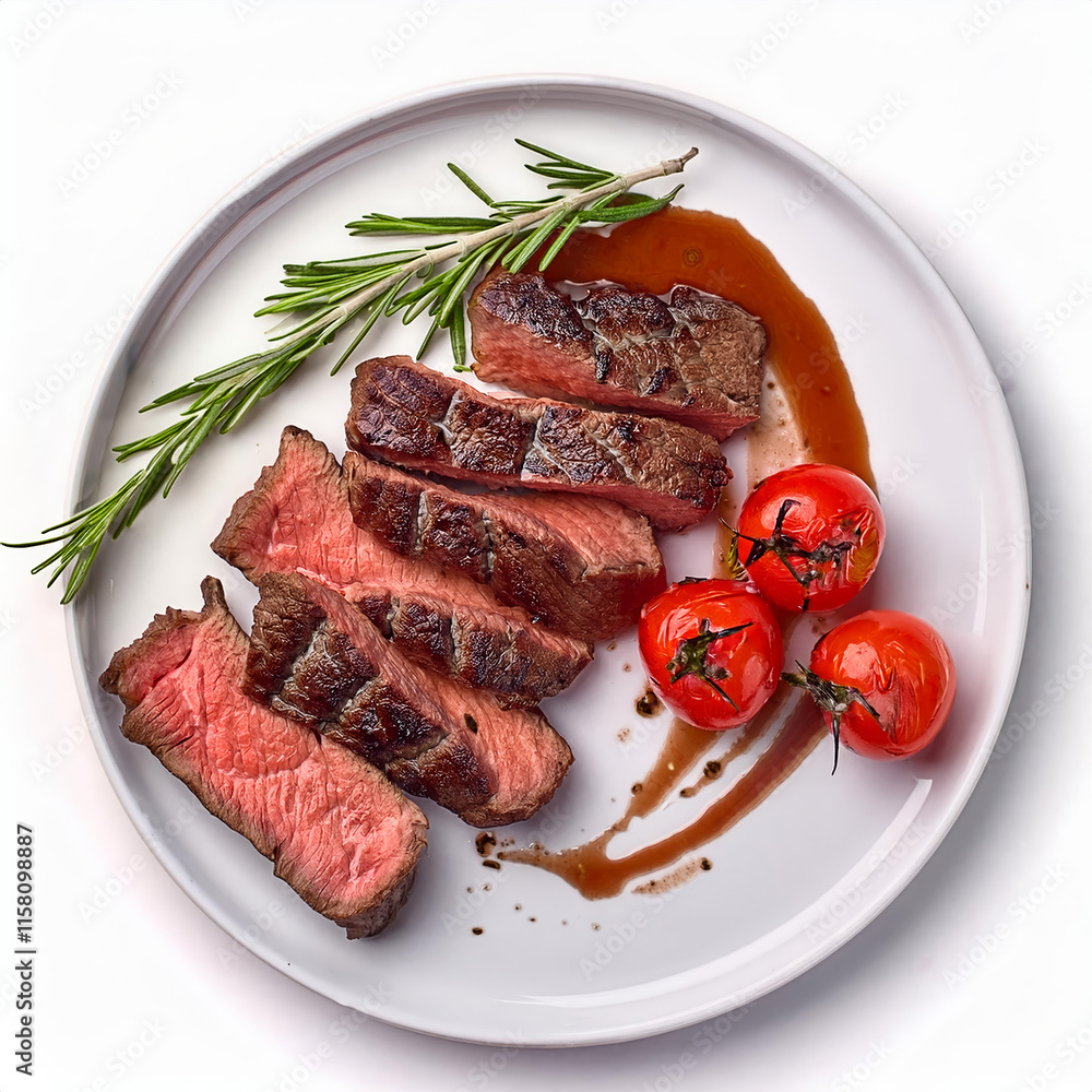 Grilled sliced Beef Steak with tomatoes and rosemary on a plate Isolated on white background top view Grilled sliced Beef Steak with tomatoes and rosemary on a plate Isolated on white background top view