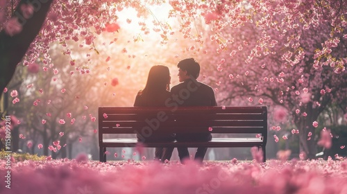 Elderly couple sitting on a bench in a park, enjoying the outdoors on a sunny summer day photo