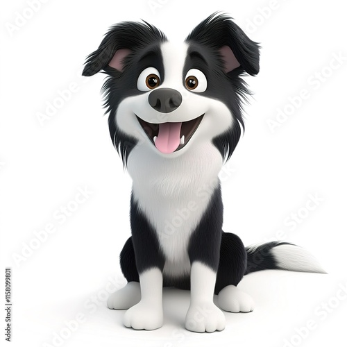 3D rendering of a cute, joyful Border Collie, isolated on a clean white background. The playful expression captures the dog's energetic and happy nature,  photo