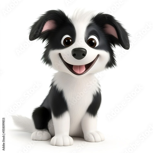 3D rendering of a cute, joyful Border Collie, isolated on a clean white background. The playful expression captures the dog's energetic and happy nature,  photo