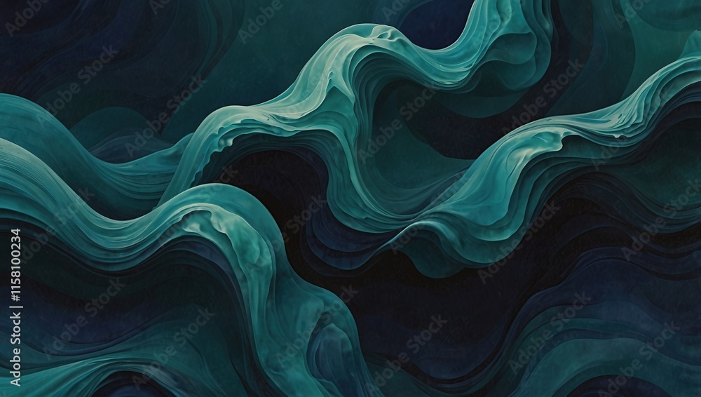 A Striking Digital Illustration with Swirling, Wave-like Forms in Deep Teal and Dark Green Hues, Suitable as a Background or Standalone Art Piece A Striking Digital Illustration with Swirling, Wave-like Forms in Deep Teal and Dark Green Hues, Suitable as a Background or Standalone Art Piece