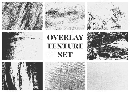 Overlay texture set featuring grunge-style distressed grain, scratches, and rough textures. A collection ideal for adding an aged, worn look to projects.