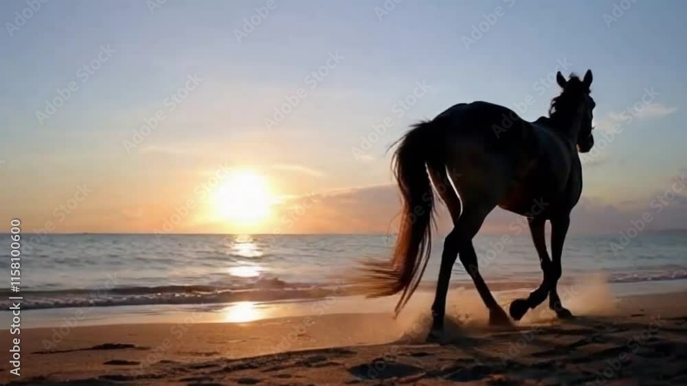 Silhouetted Horse Galloping Along Shoreline: Sunset Beauty Silhouetted Horse Galloping Along Shoreline: Sunset Beauty