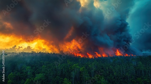 Wallpaper Mural Fiery wildfire engulfing lush green forest at sunset. Torontodigital.ca