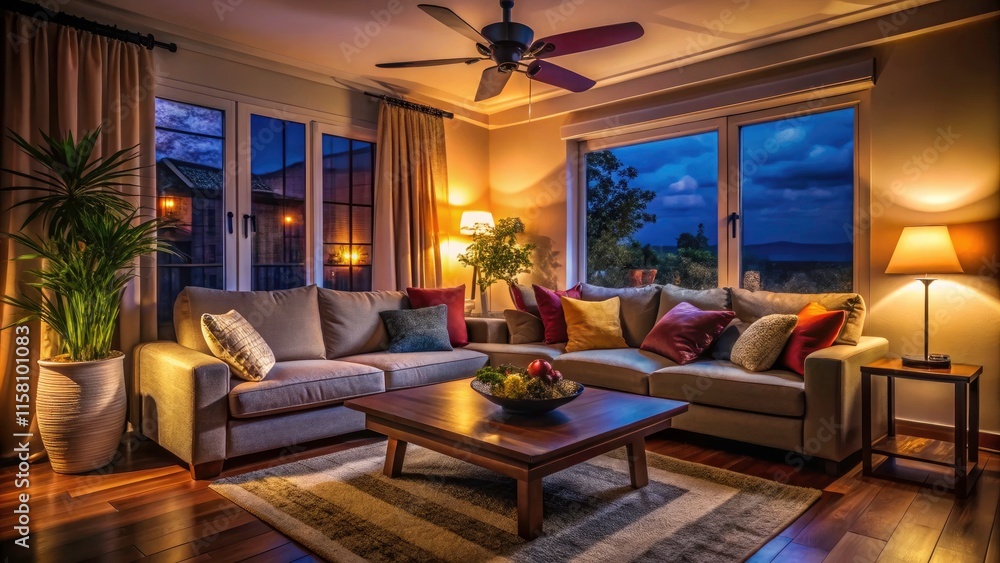 Cozy Living Room Low Light Photography - Ceiling Fan, Couch, Warm Lighting, Interior Design Cozy Living Room Low Light Photography - Ceiling Fan, Couch, Warm Lighting, Interior Design